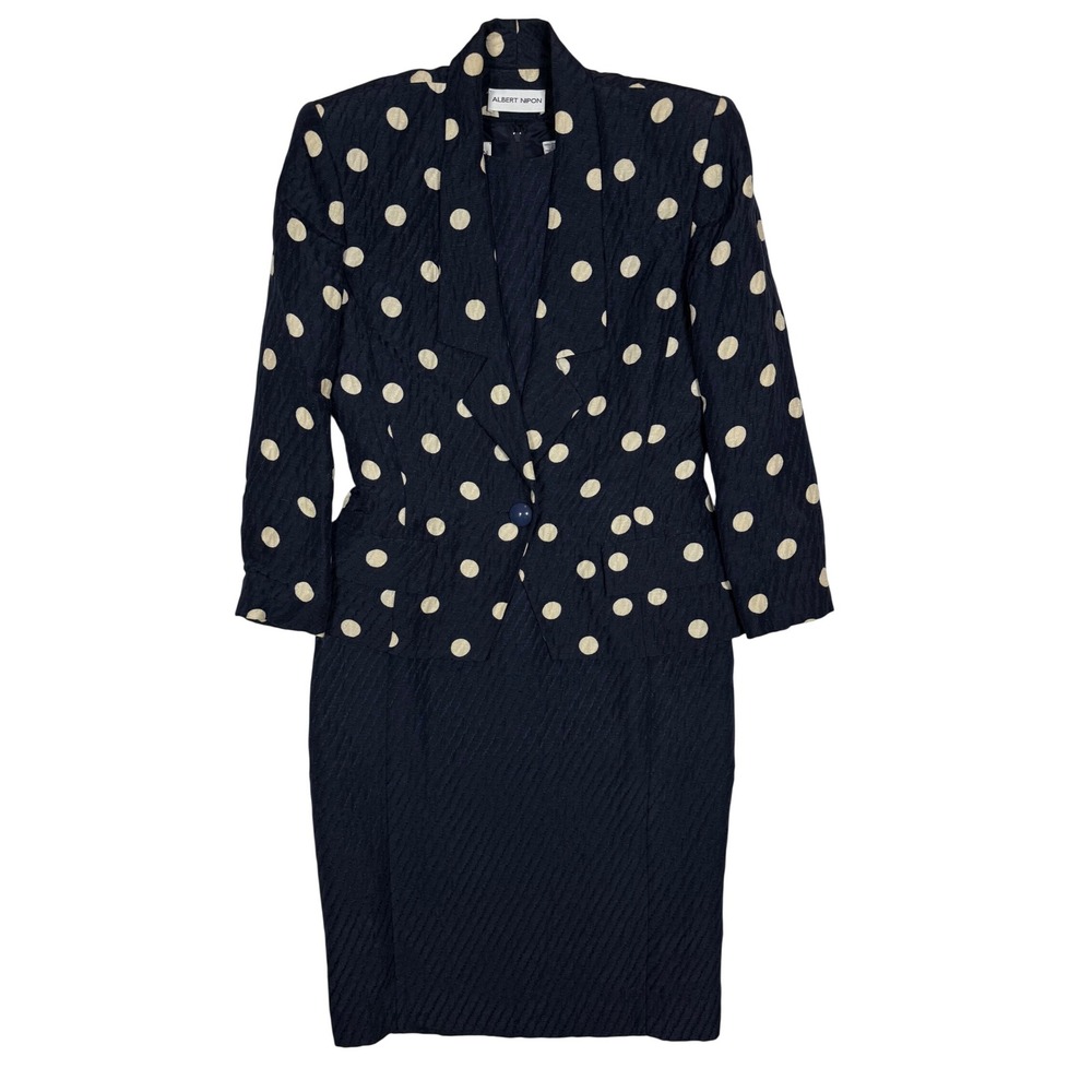 VTG Albert Nipon Navy Polka Dot Skirt Suit Set Size 8 Silk Linen Jacket & Dress